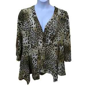 Leopard Print Button-Up Flowy Blouse W 3/4 Sleeves & V-Neck animal mob wife 2x